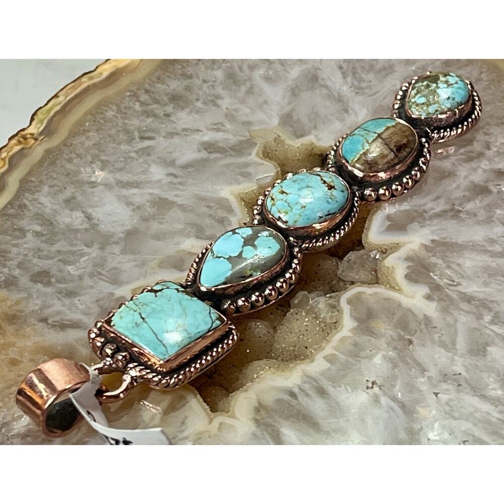 Southwestern No. 8 Mine Turquoise Five Stone Copper Statement Pendant 3.5” - Picture 4 of 16
